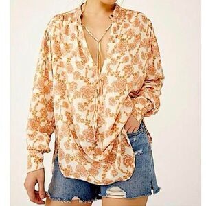Free People Mia Tunic Top Ivory Combo Boho Oversized Size XL